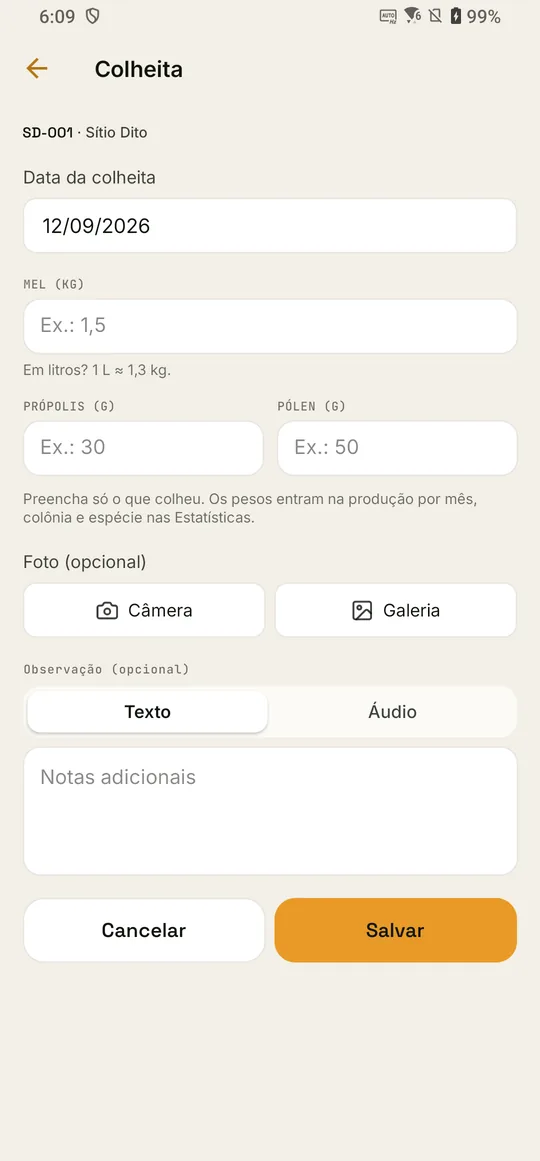 Formulário de colheita: mel, própolis e pólen