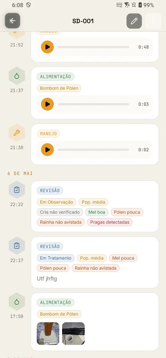 Histórico da colônia com manejos, alimentação, revisões e áudios