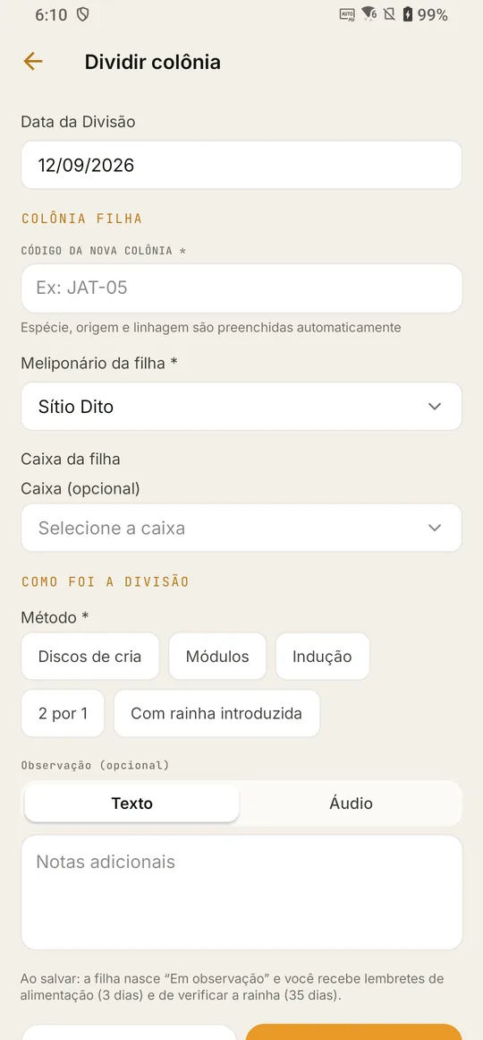 Formulário de divisão de colônia
