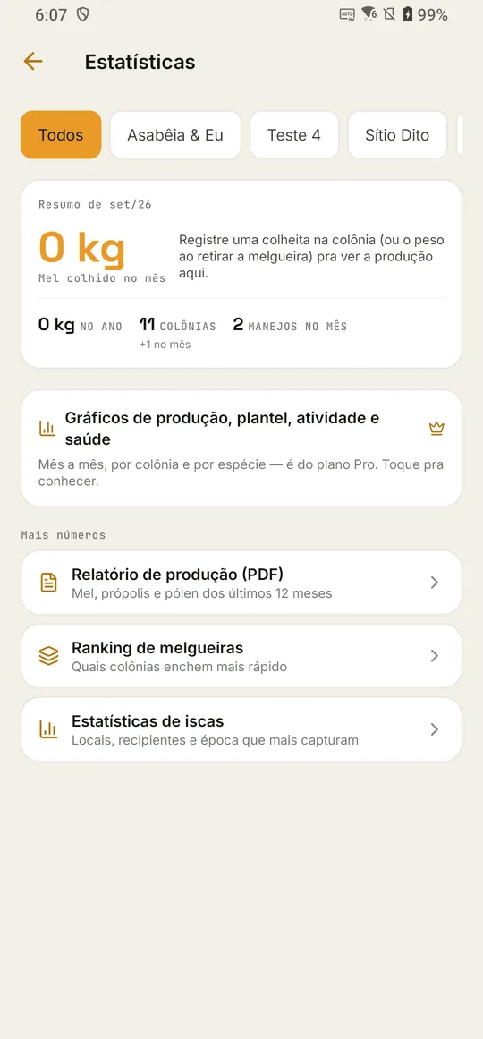 Tela de Estatísticas com resumo do mês