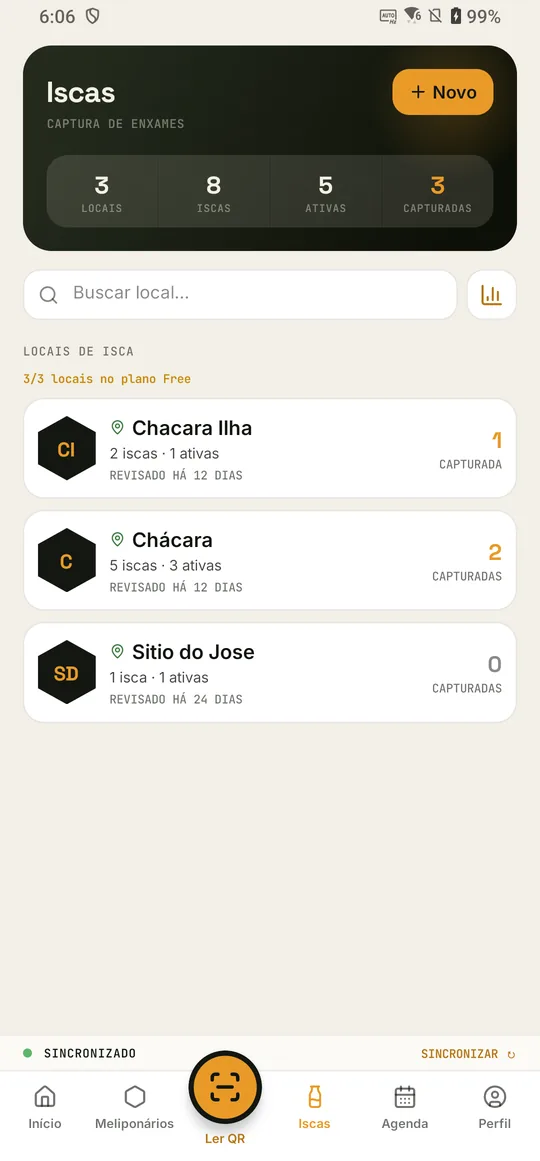 Aba Iscas com locais, iscas ativas e capturadas