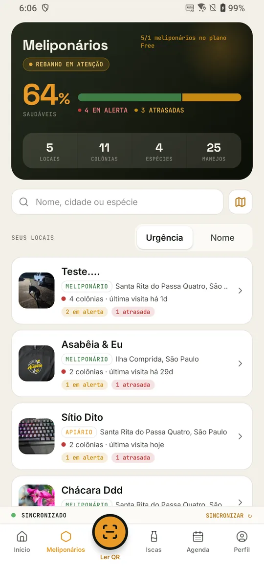 Lista de meliponários com saúde do plantel e alertas