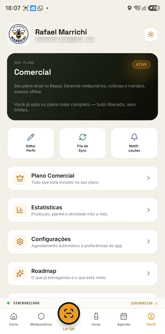 Tela de Perfil com plano, estatísticas e configurações